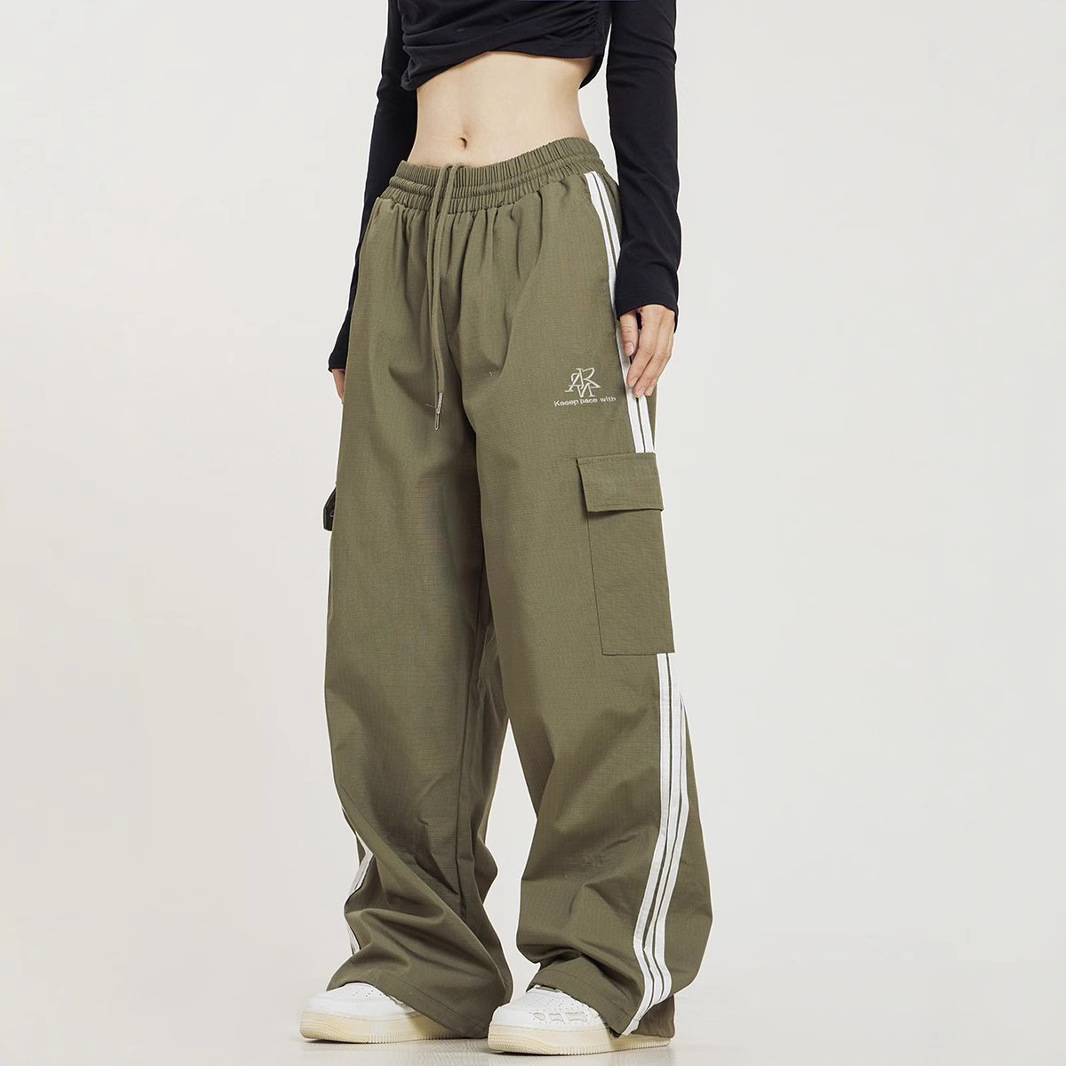 American Retro Side-Stripe Cargo Pants Unisex Straight-Leg Three-Stripe Loose Wide-Leg High-Street Track Pants