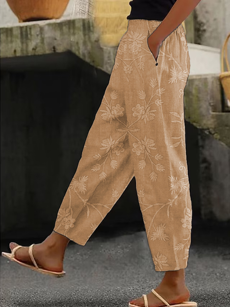 Women's Floral Print Straight-Leg Casual Pants Light Color