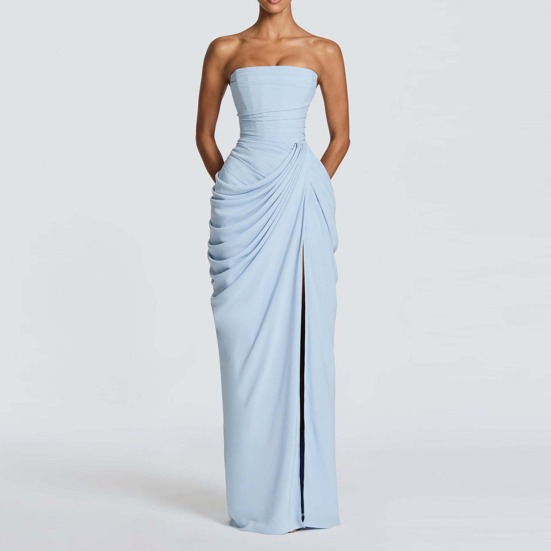 Elegant Solid Strapless High-Slit Long Dress
