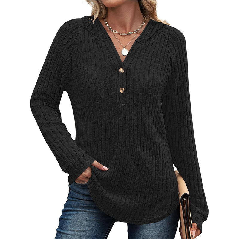 Women's Solid V-Neck Button Loose Hooded Fleece Knit Top