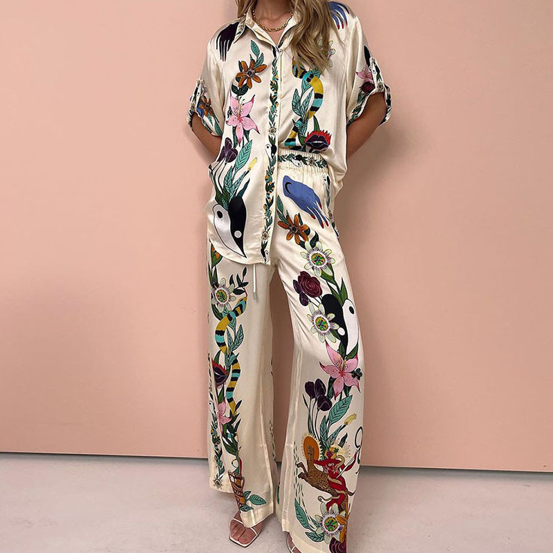 Women's Printed Batwing Sleeve Cinched Waist Wide-Leg Pants Set