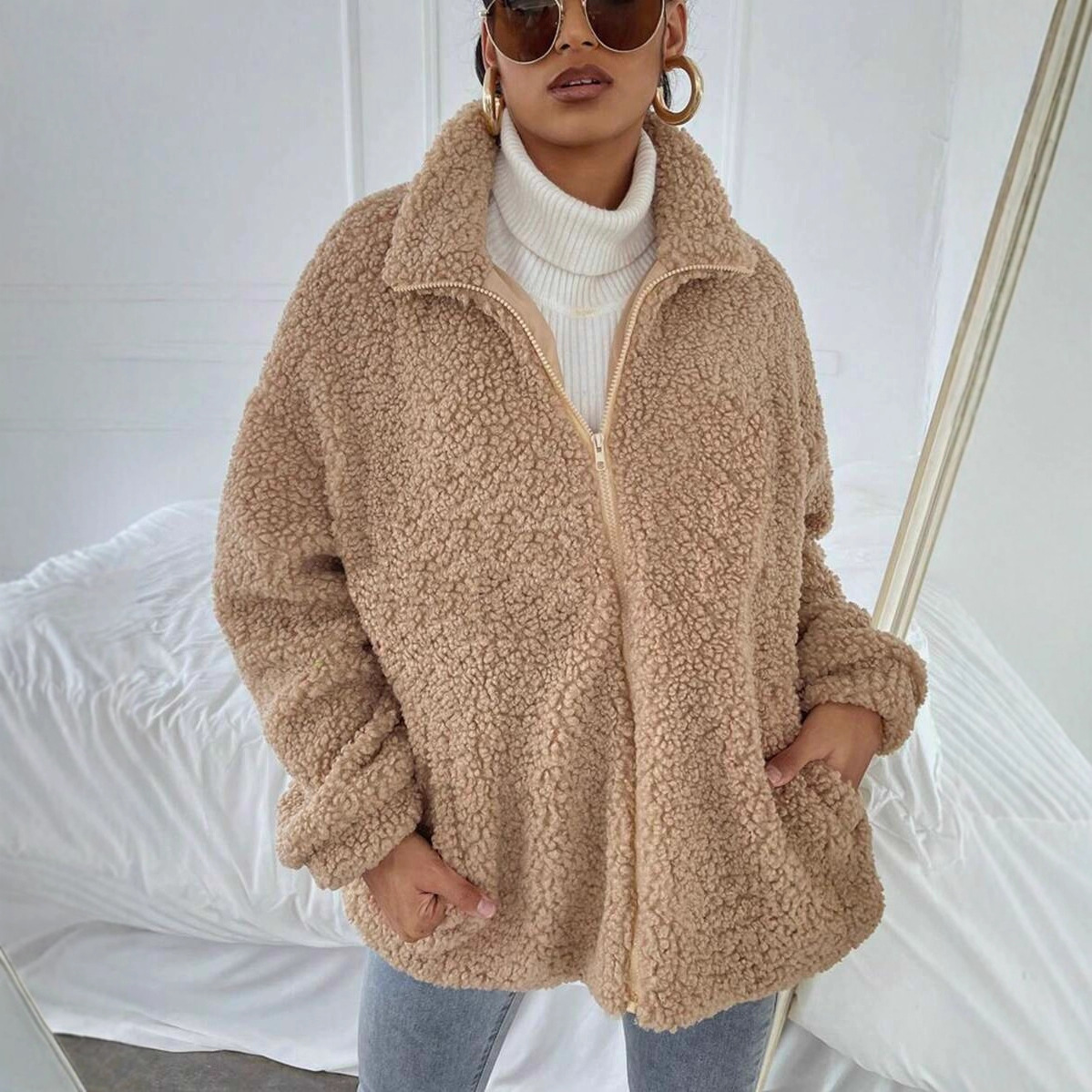 Faux Shearling Open-Front Cardigan Jacket for Women Casual Loose Fit