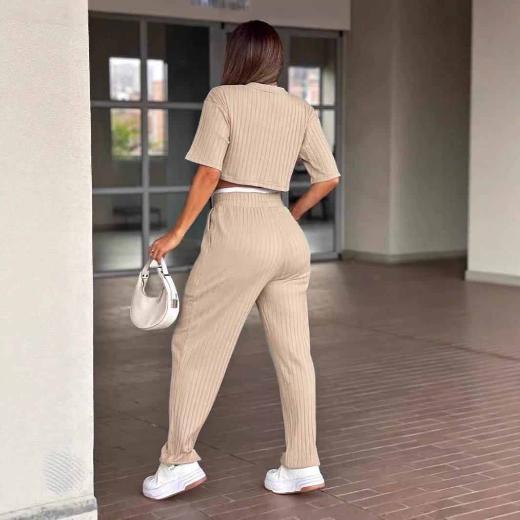 Women's Two-Piece Lounge Set with Short-Sleeve Crewneck Top and Straight-Leg Pants
