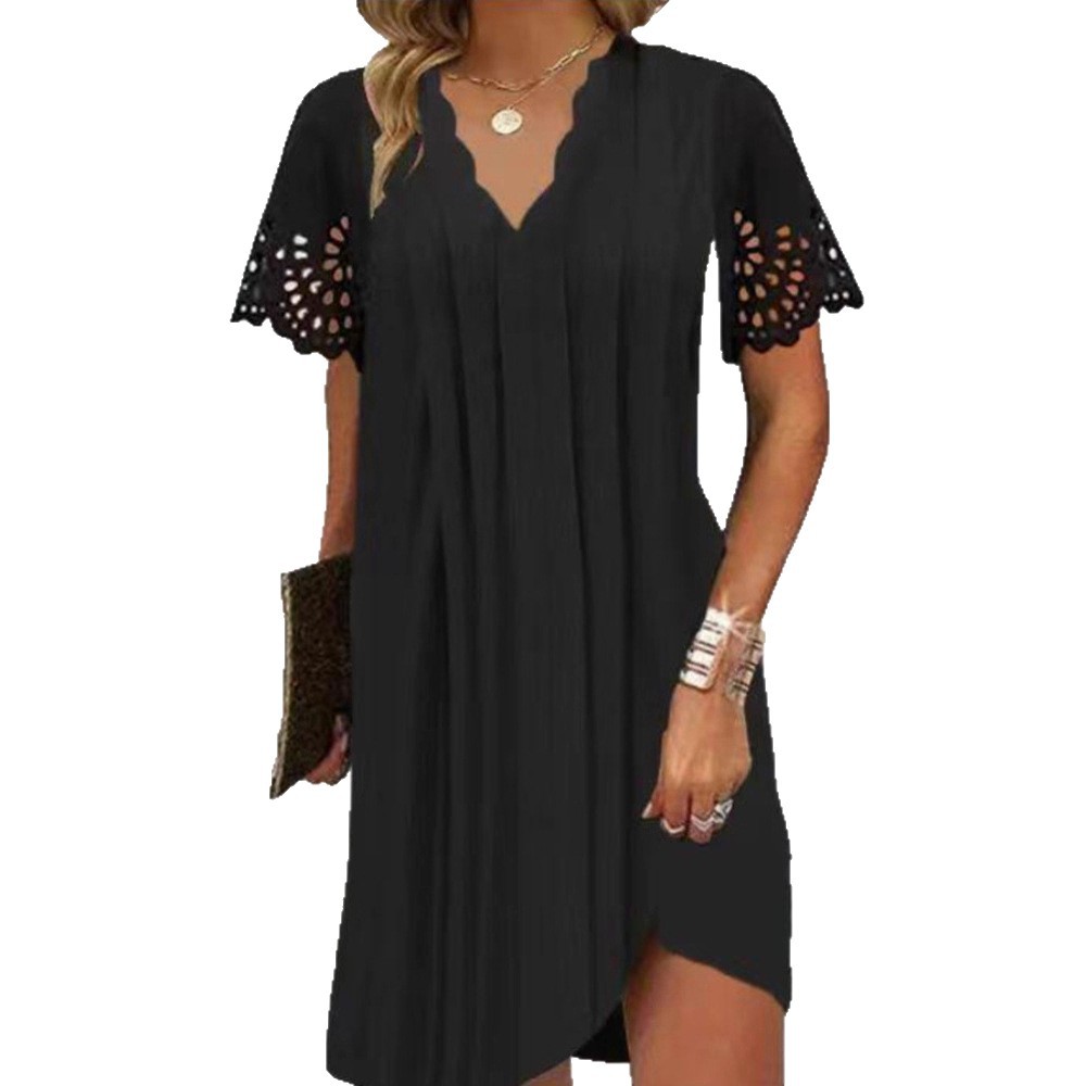 Women's Summer Short Sleeve Wave Neck Cutout Elegant Dress