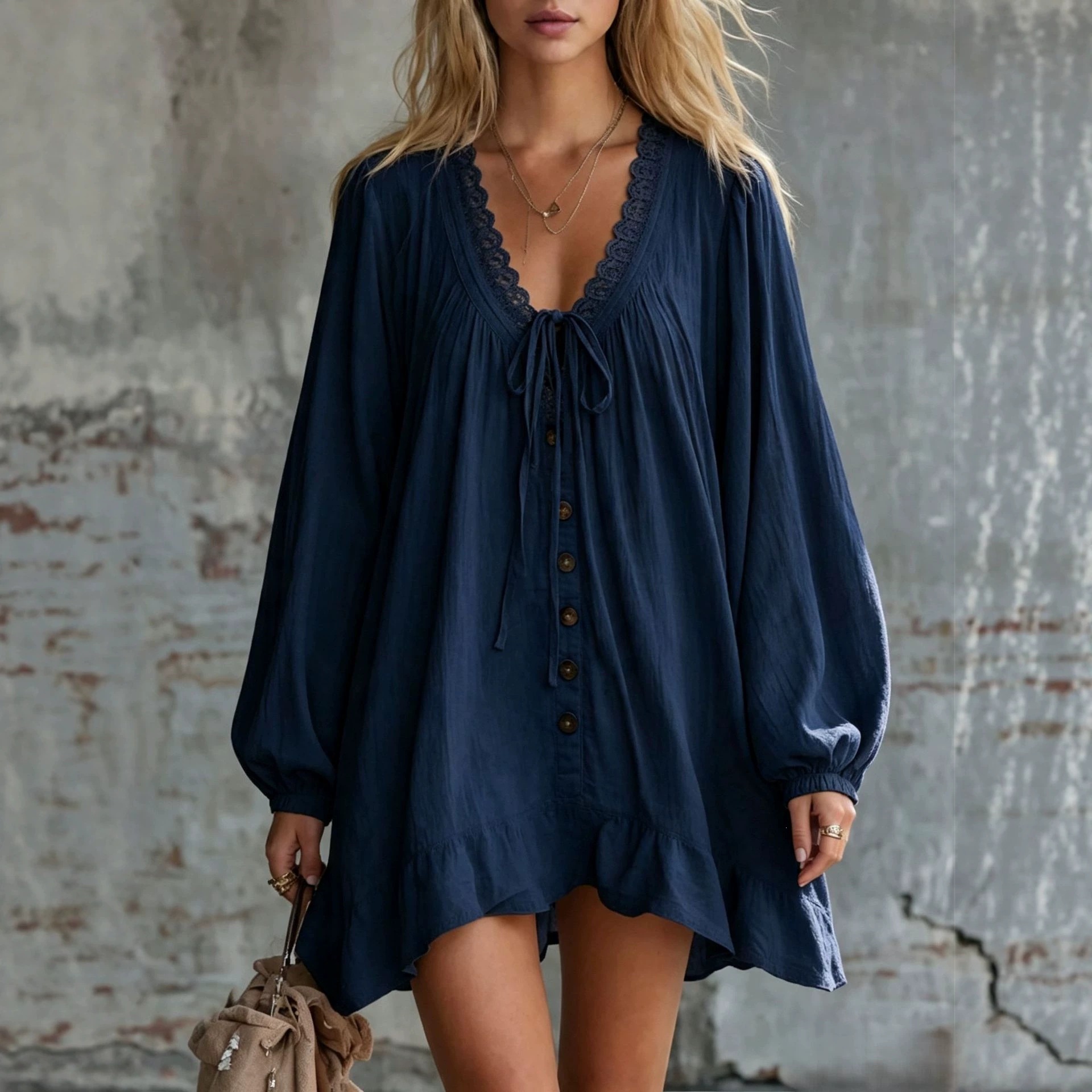 Women's Lace Trim V-Neck Tie Lantern Sleeve Loose Long Sleeve Dress