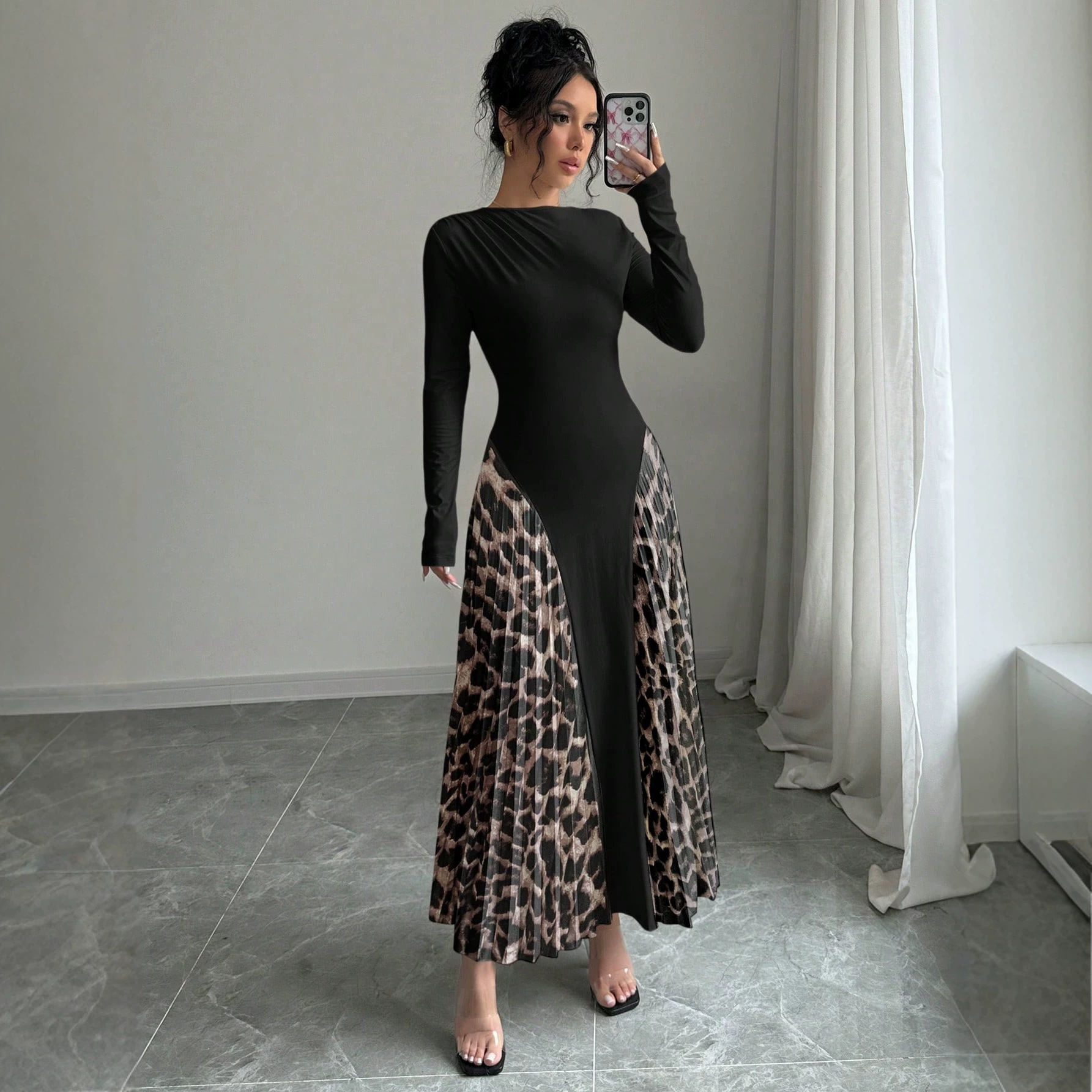 Long Sleeve Pleated Knit Maxi Dress Elegant