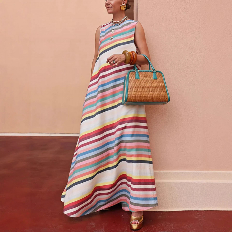 Rainbow Striped Sleeveless Round Neck Dress