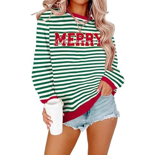 Striped Letter Merry Print Crewneck Sweatshirt