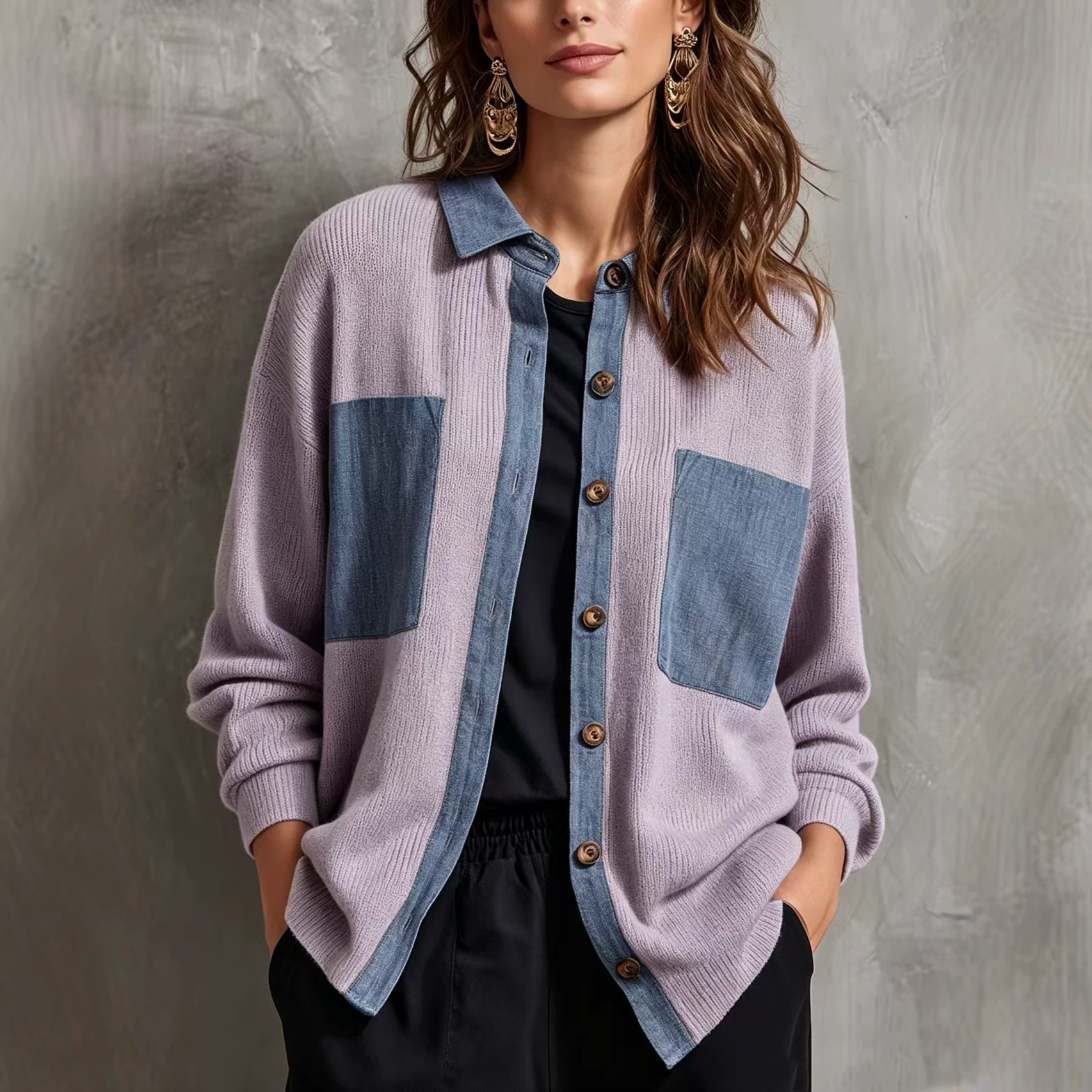 Color-Block Denim-Trim Knit Cardigan with Wood Buttons