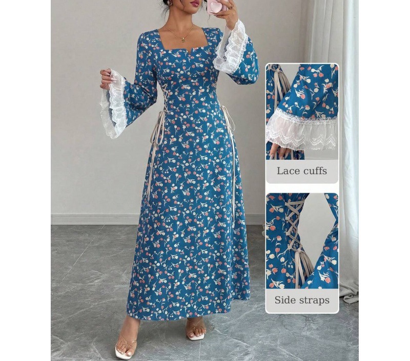 Floral Print Long Sleeve Tie-Waist Midi Dress