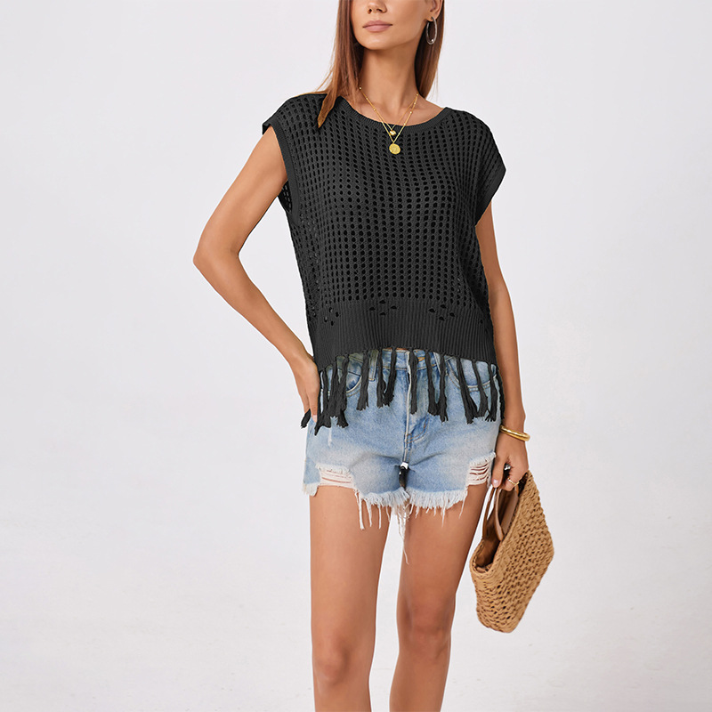 Women's Handmade Fringe Open Knit Sweater Crew Neck Loose Fit