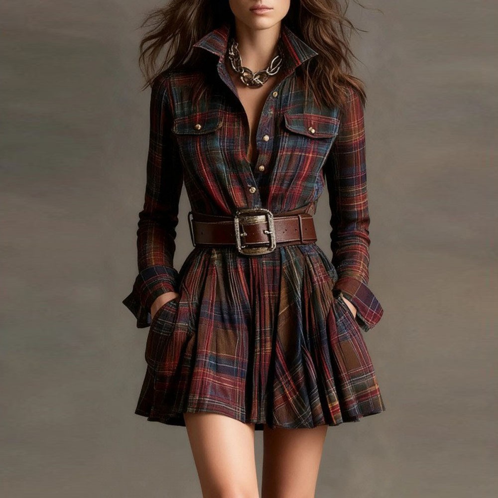 Women's Printed Shirt Dress with Pockets and Waist