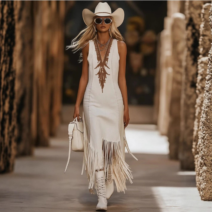 Retro Brown Embroidered White Denim Sleeveless Fringe Midi Dress