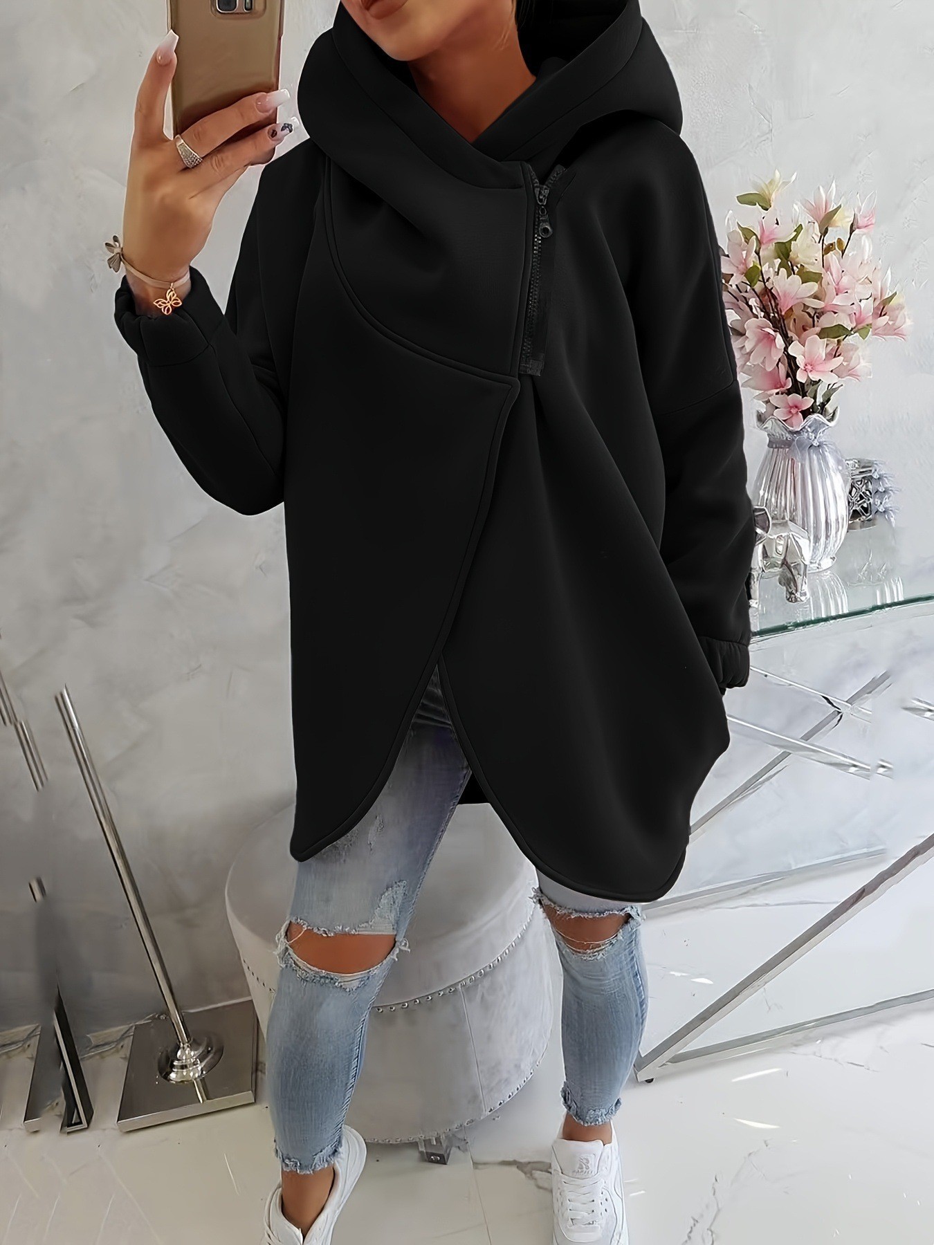 Women's Long-Sleeve Black Hooded Zip-Up Jacket with Front Pockets