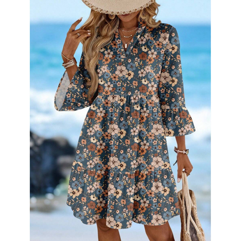 Boho V-Neck Midi Dress Floral Print Bell Sleeve A-Line