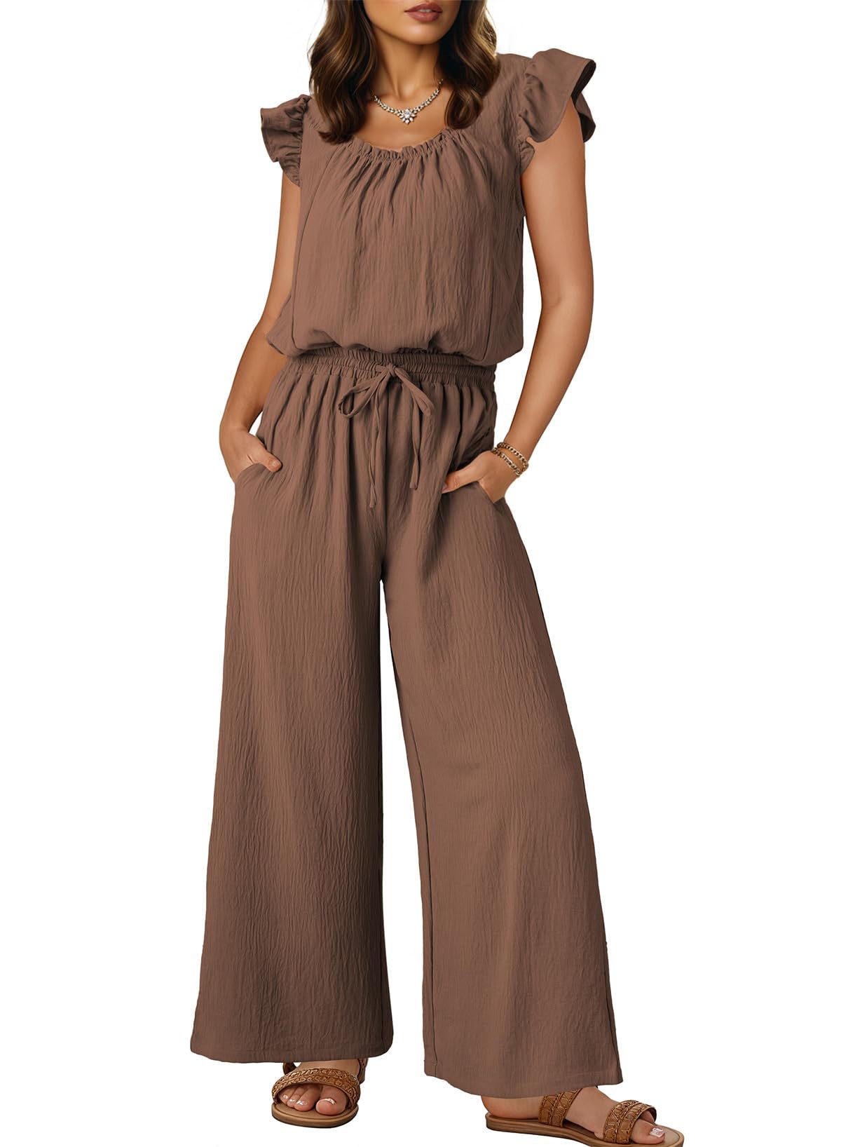 Women's Square Neck Sleeveless Ruched Jumpsuit with Pockets and Ruffle Sleeves