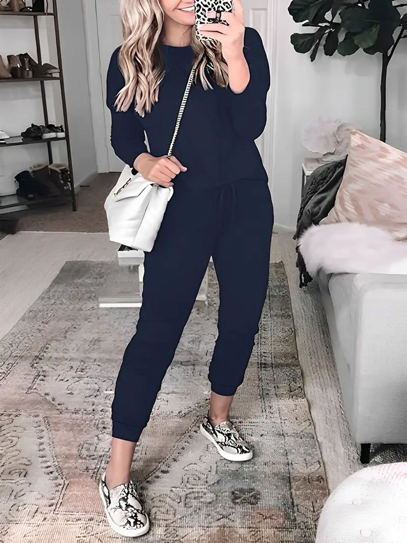 Women's Casual Two-Piece Set with Drawstring Jogger Pants and Long-Sleeve Top, Solid Color