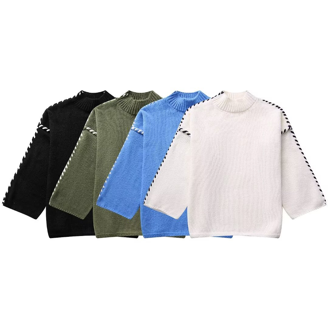 Women's Color-Block Crewneck Long-Sleeve Knit Sweater with 3D Pattern