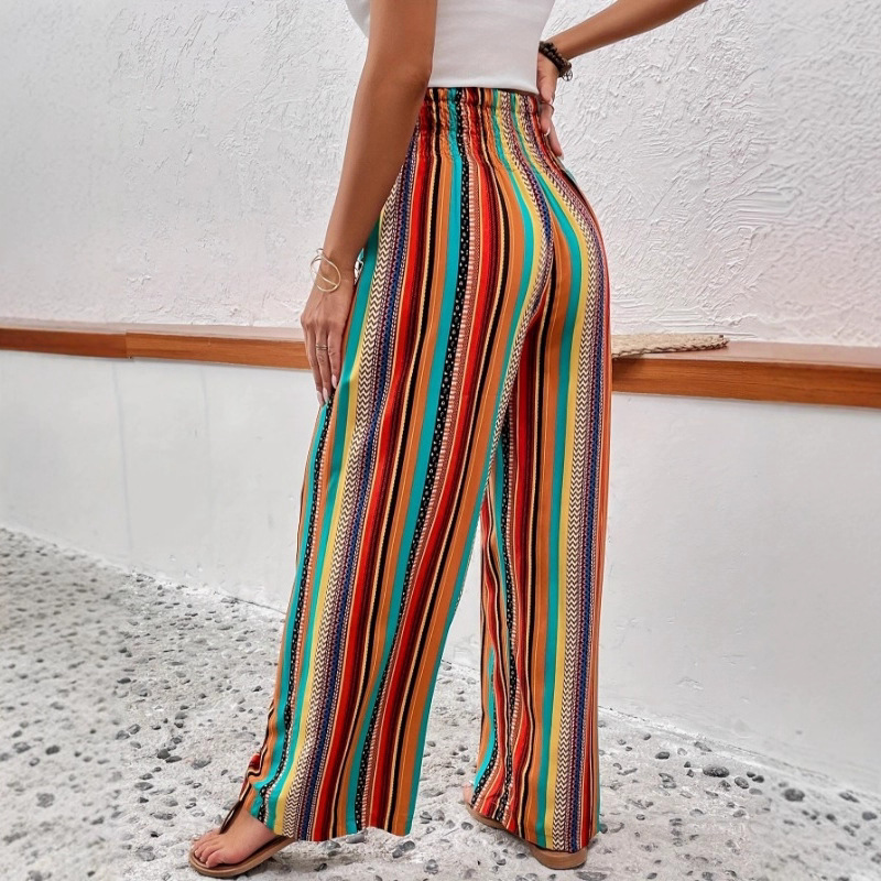 Women's Striped Wide-Leg Casual Pants with Elastic Waist