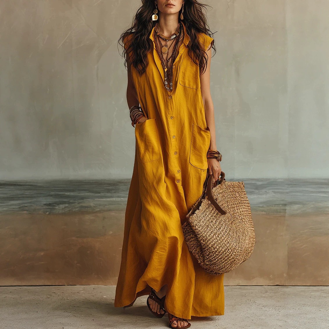 Women's Off-Shoulder Boho Shirt Dress Loose Fit Long Polyester