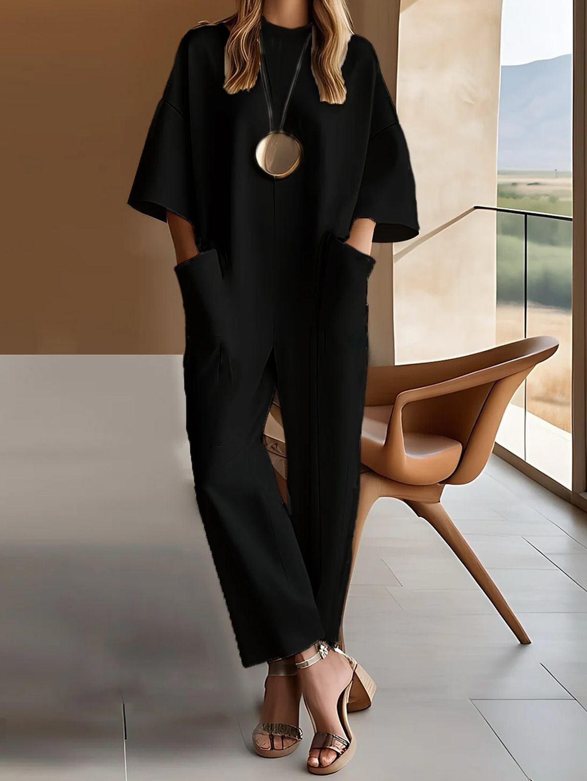 Women's Crewneck Half-Sleeve Pocket Solid Color Long Jumpsuit