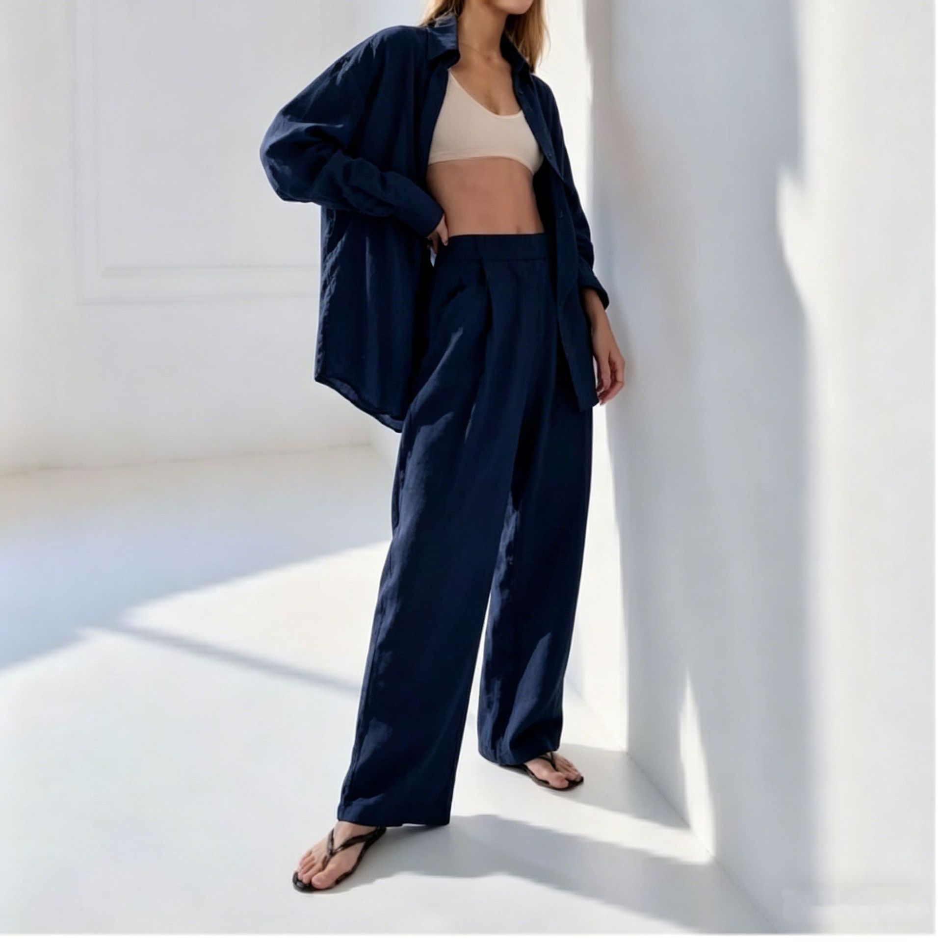Women's Loose Fit Shirt and Pants Set Casual Commuter Two-Piece Outfit