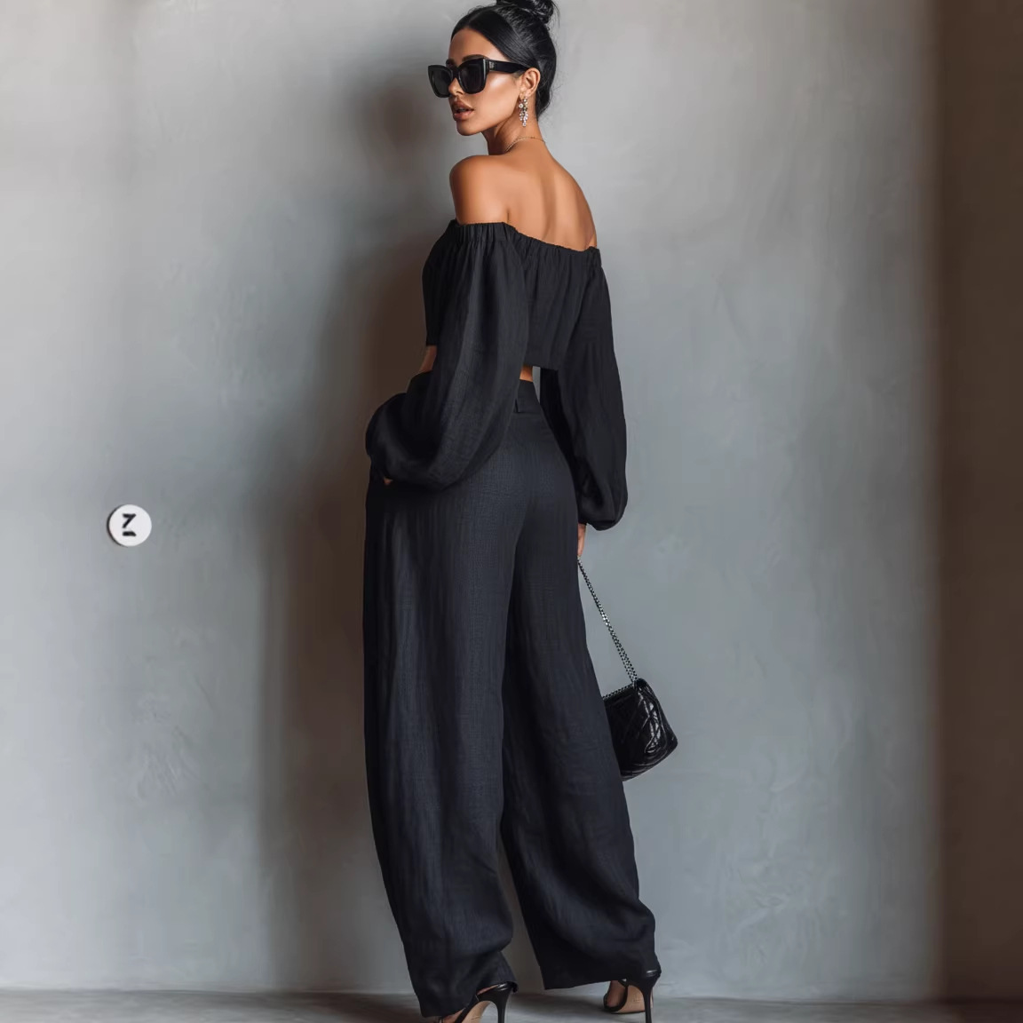 Women's Off-Shoulder Short Top and Wide-Leg Pants Set