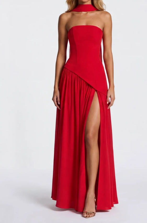 Women's Strapless Solid High Slit Backless Long Dress