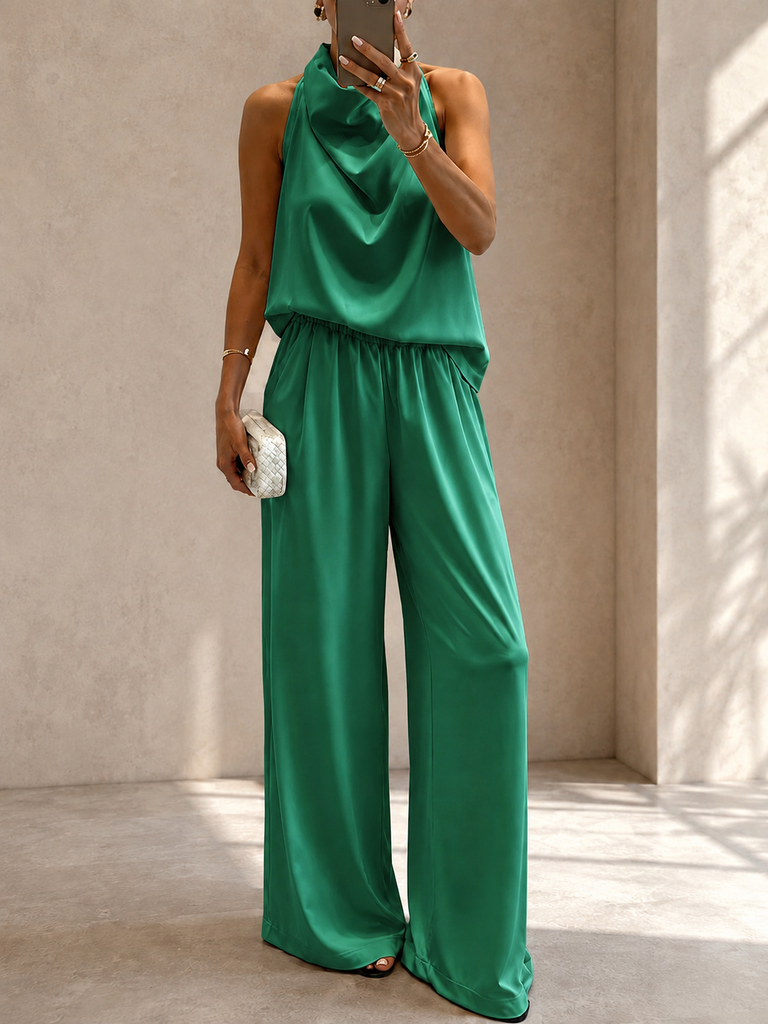 Women's Summer Halter V-Neck Sleeveless Top & High-Waist Wide-Leg Pants Set
