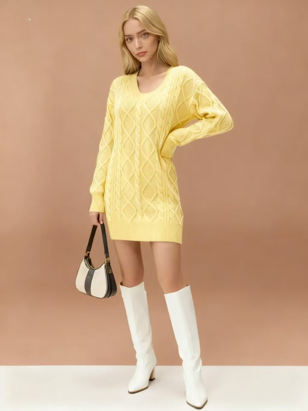 V-Neck Cable-Knit Midi Sweater Dress Solid Color