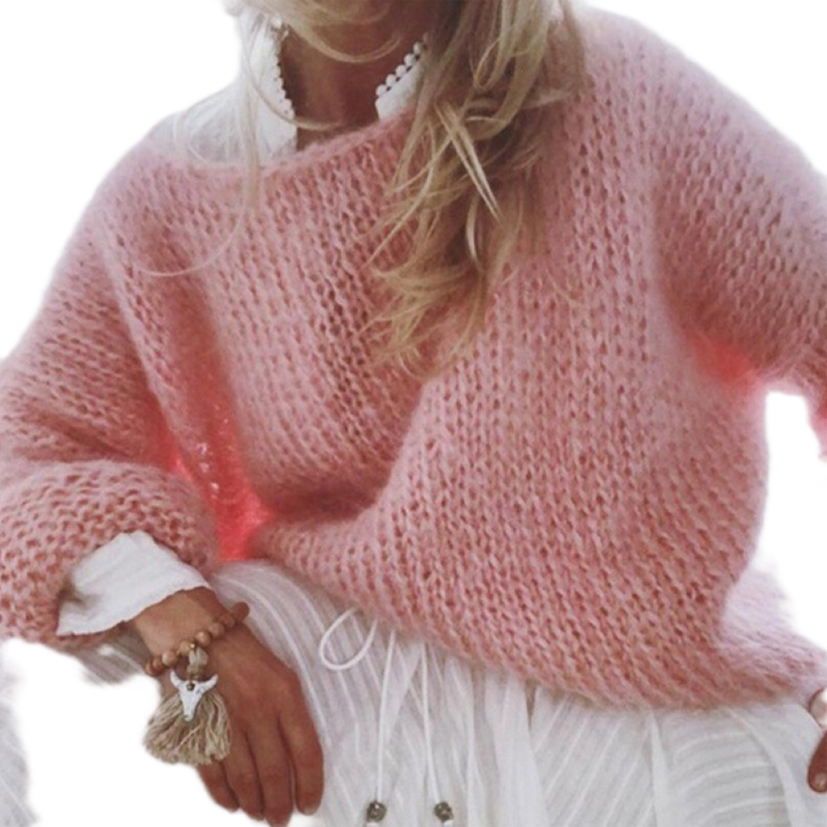 Women's Mohair Sweater Round Neck Long Sleeve Pullover