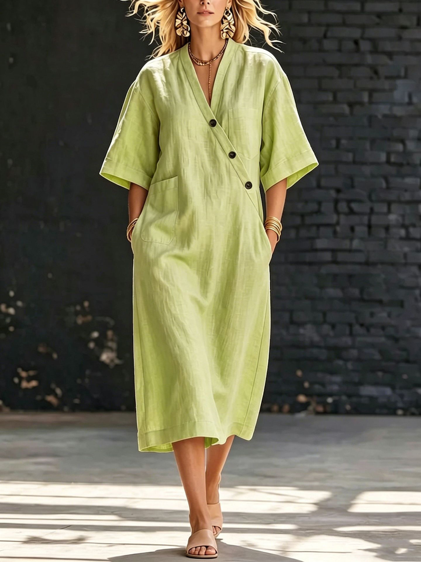 V-Neck Button-Front Cotton-Linen Midi Dress with Pockets Short Sleeve