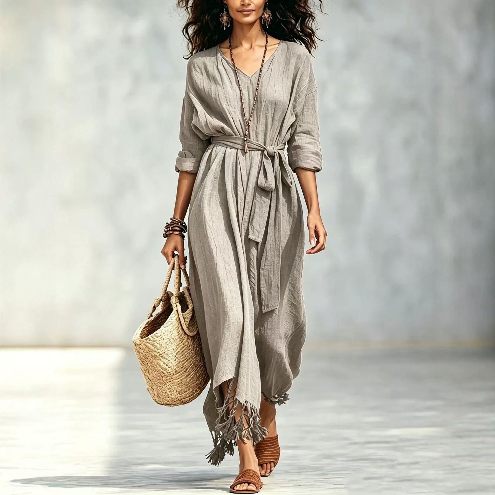Boho V-Neck Tie-Front Fringe Hem Midi Dress