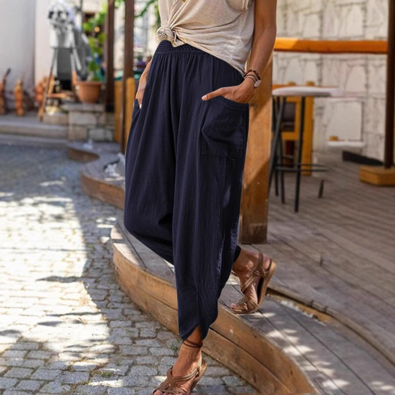 Women's Cotton Linen Wide Leg Harem Pants Casual Beach Trousers