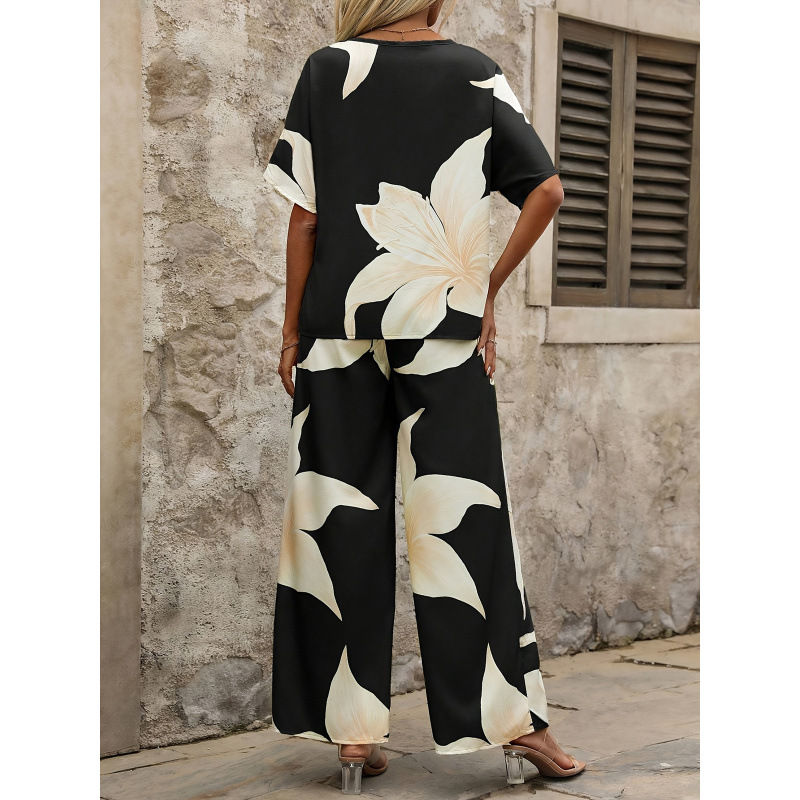 Floral Print V-Neck Batwing Sleeve Top and Wide-Leg Pants Two-Piece Set