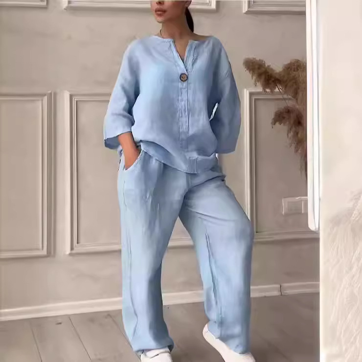 Women's Solid Color Cotton-Linen Casual Pant Set Long Sleeve