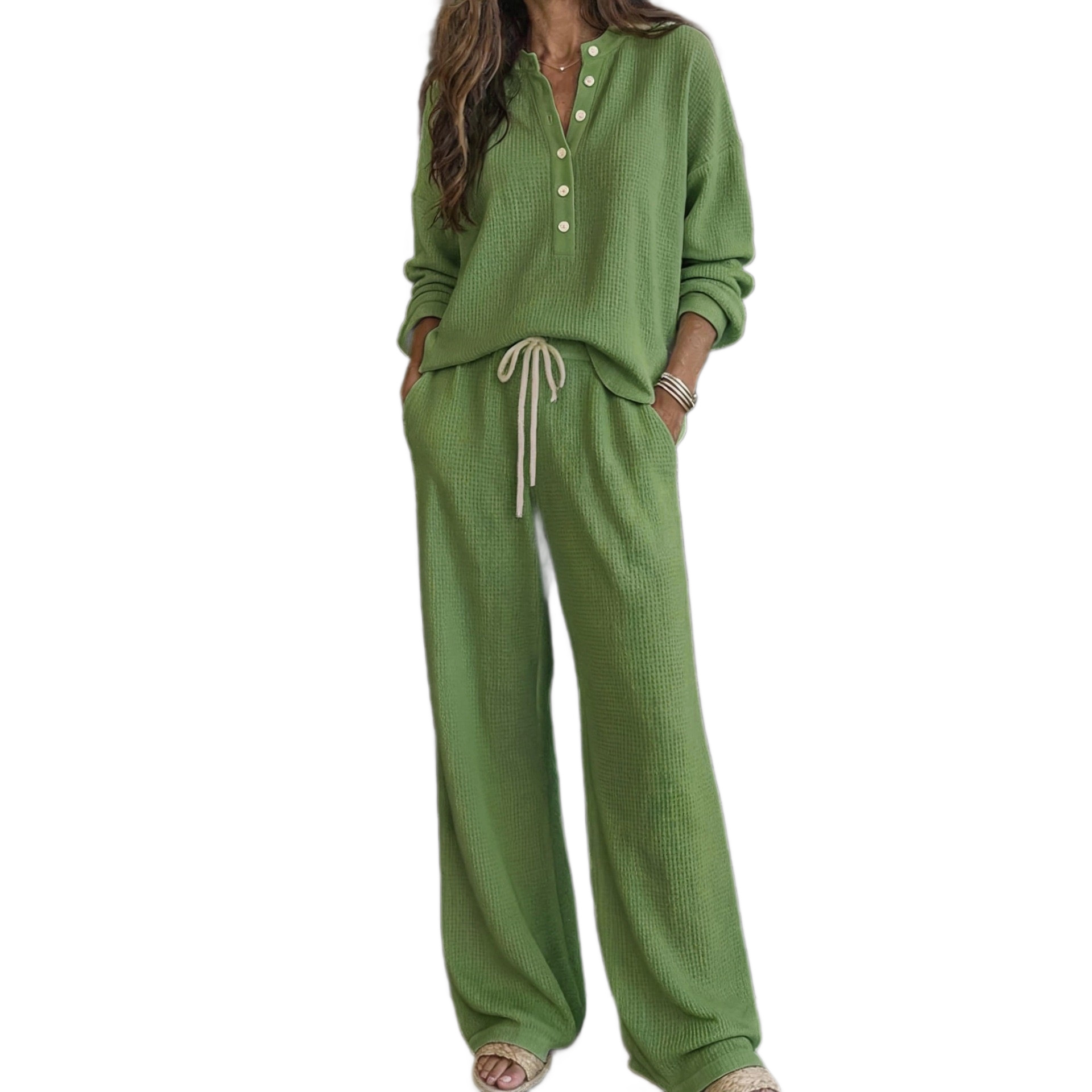 Women's Retro Waffle Knit Long Sleeve Top and Pants Set