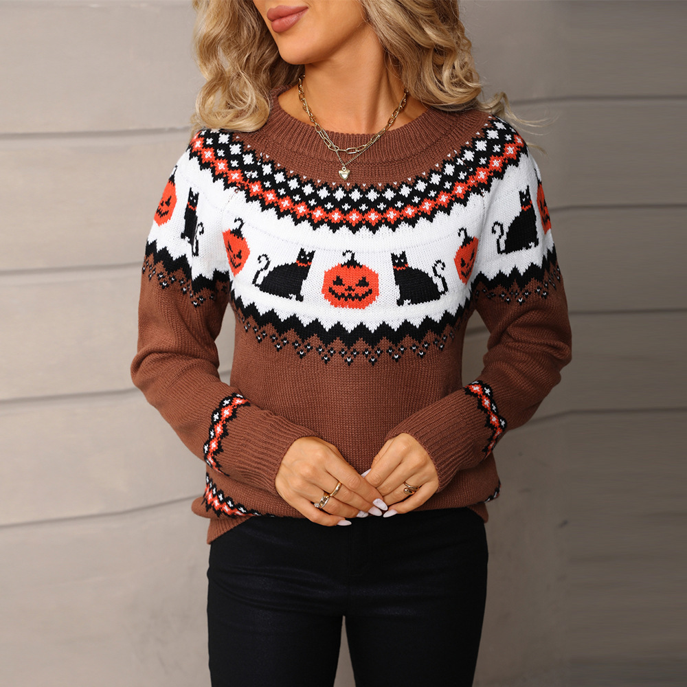 Plus Size Acrylic Jacquard Knit Sweater with Pumpkin Cat Smiley Graphic