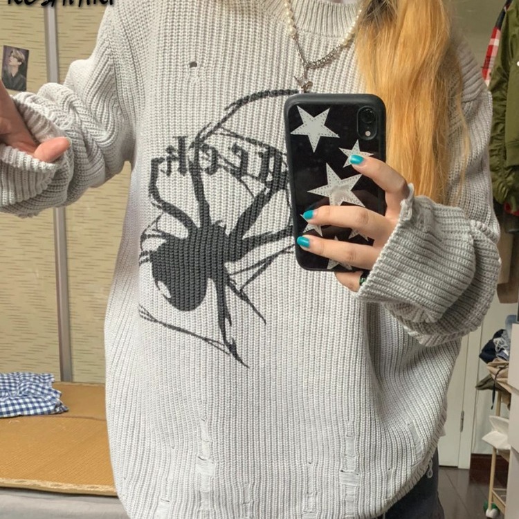 Women's Long Sleeve Loose Casual Distressed Knit Sweater