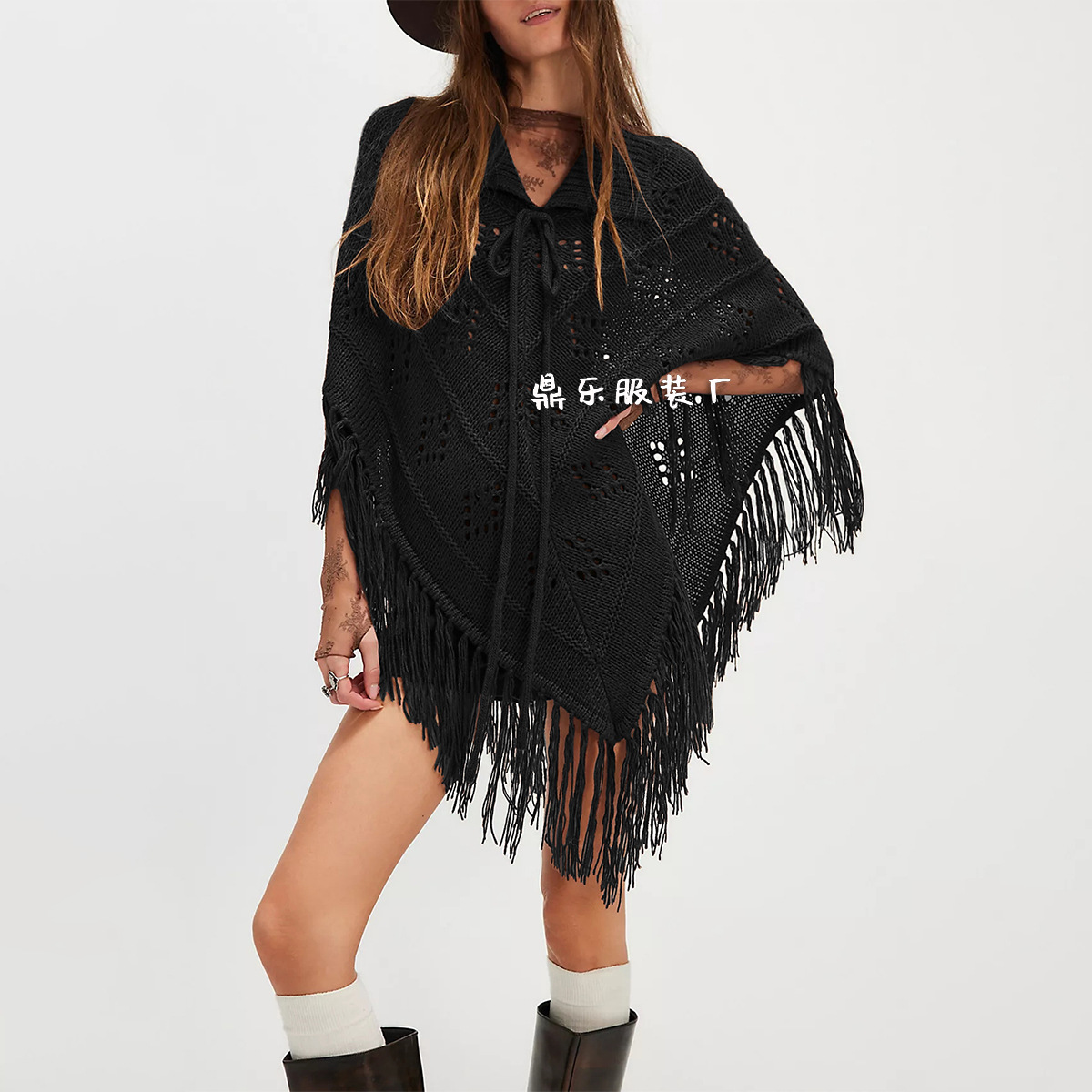 Fringed Knit Cape Poncho Sweater