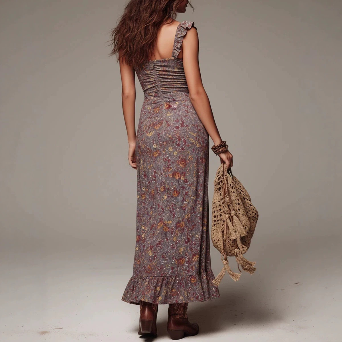 Retro Print High-Slit Bohemian Dress with Cinched Waist