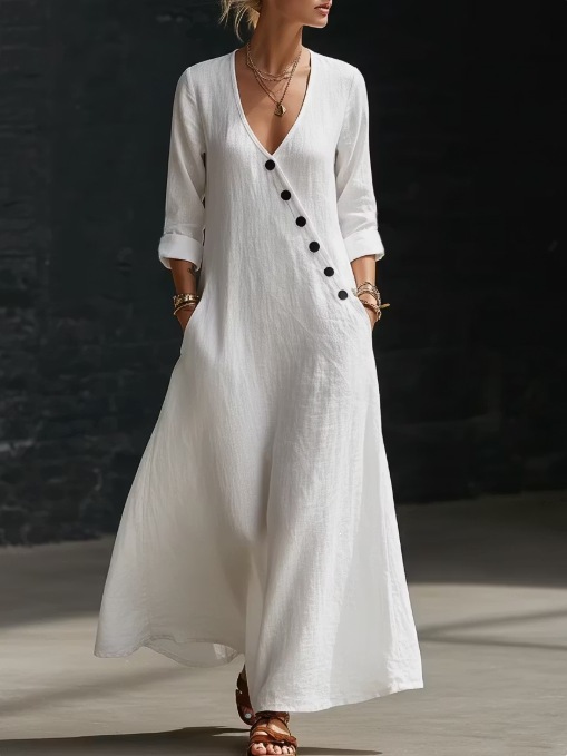 Women's V-Neck Button-Front A-Line Maxi Dress