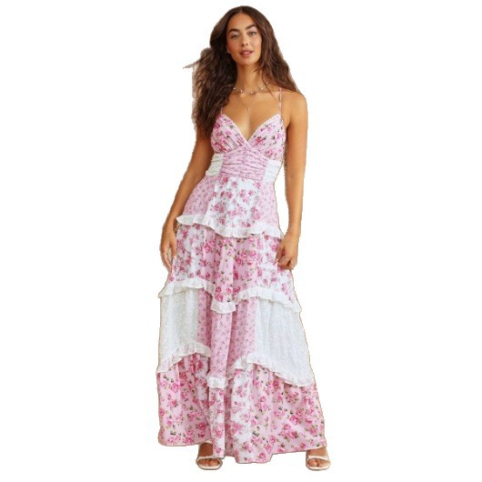 Women's Sleeveless V-Neck Digital Print Maxi Dress with Asymmetric Patchwork
