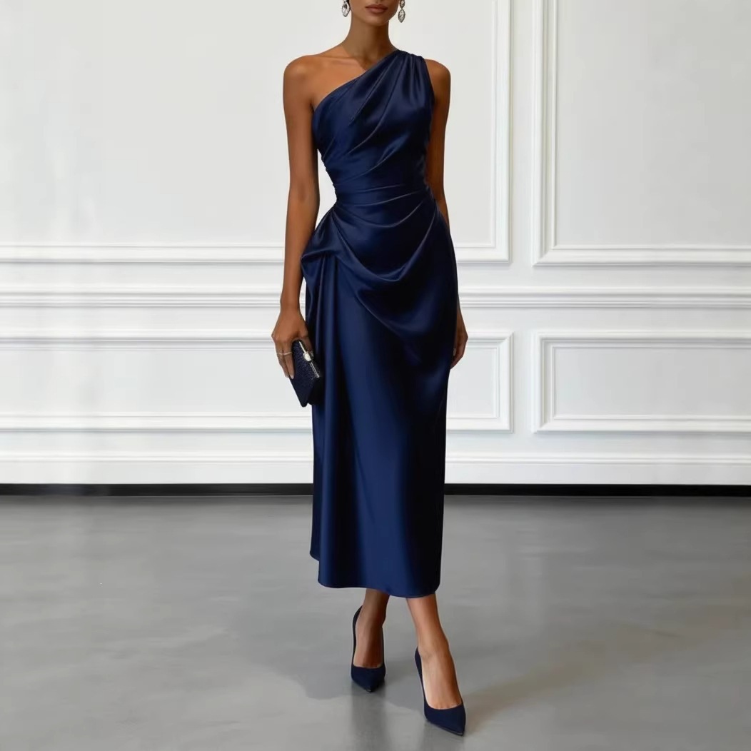 Satin Ruched Waist Sleeveless Evening Dress