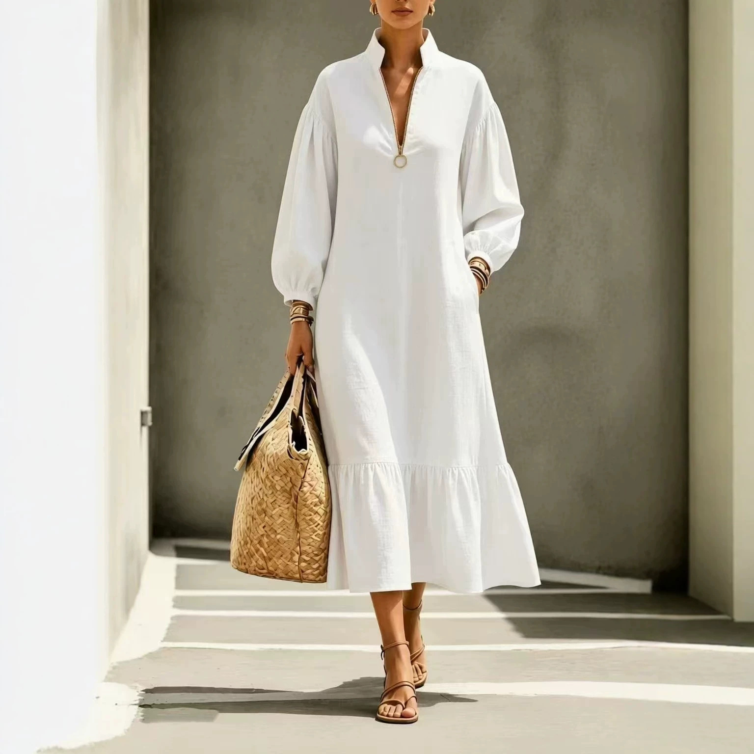 Solid Stand Collar O-Ring Zip Lantern Sleeve Dress with Pockets