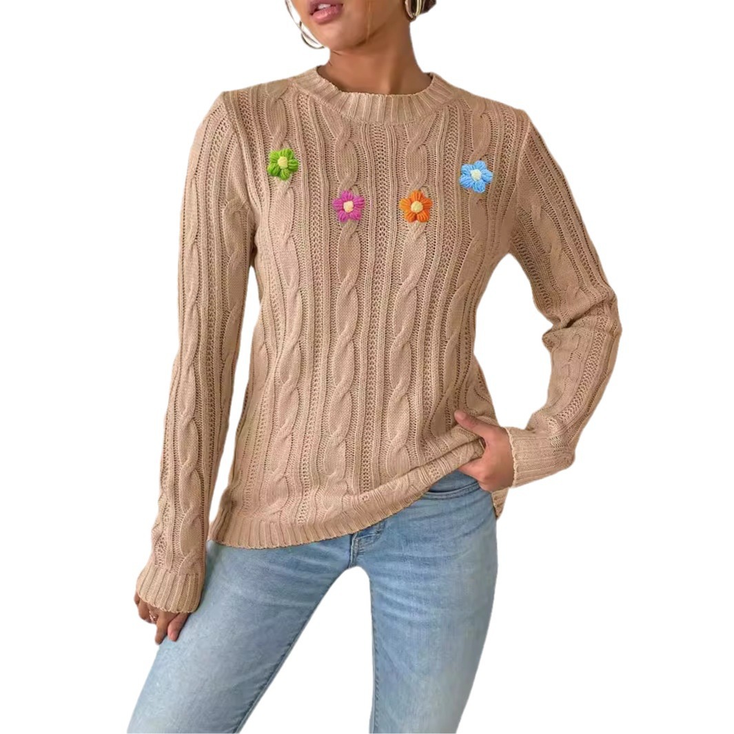 Women's Round Neck Pullover Sweater with Hand-Crochet Floral Appliqué