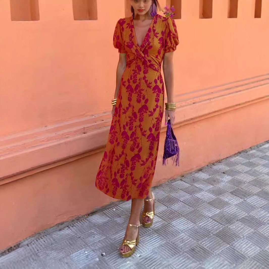 Women's Ruched Print V-Neck Short Sleeve Midi Dress