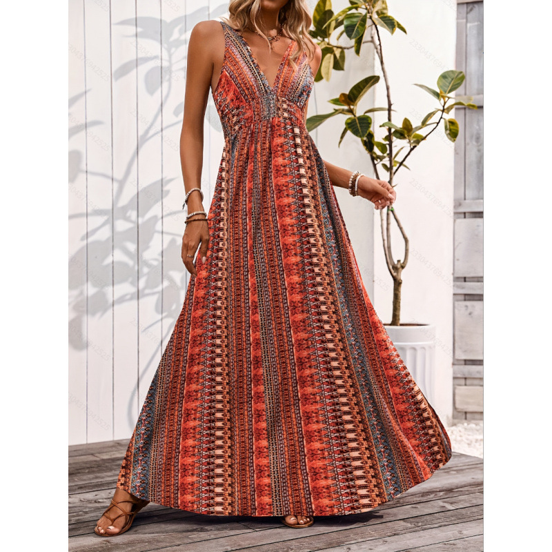 Bohemian Deep V-Neck Printed Cami Maxi Dress