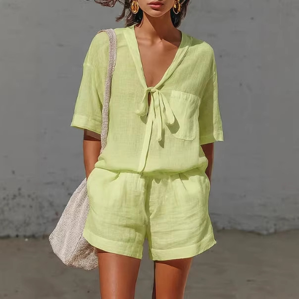 Women's Solid Color Tie-Front Short Sleeve Shirt and Shorts Set