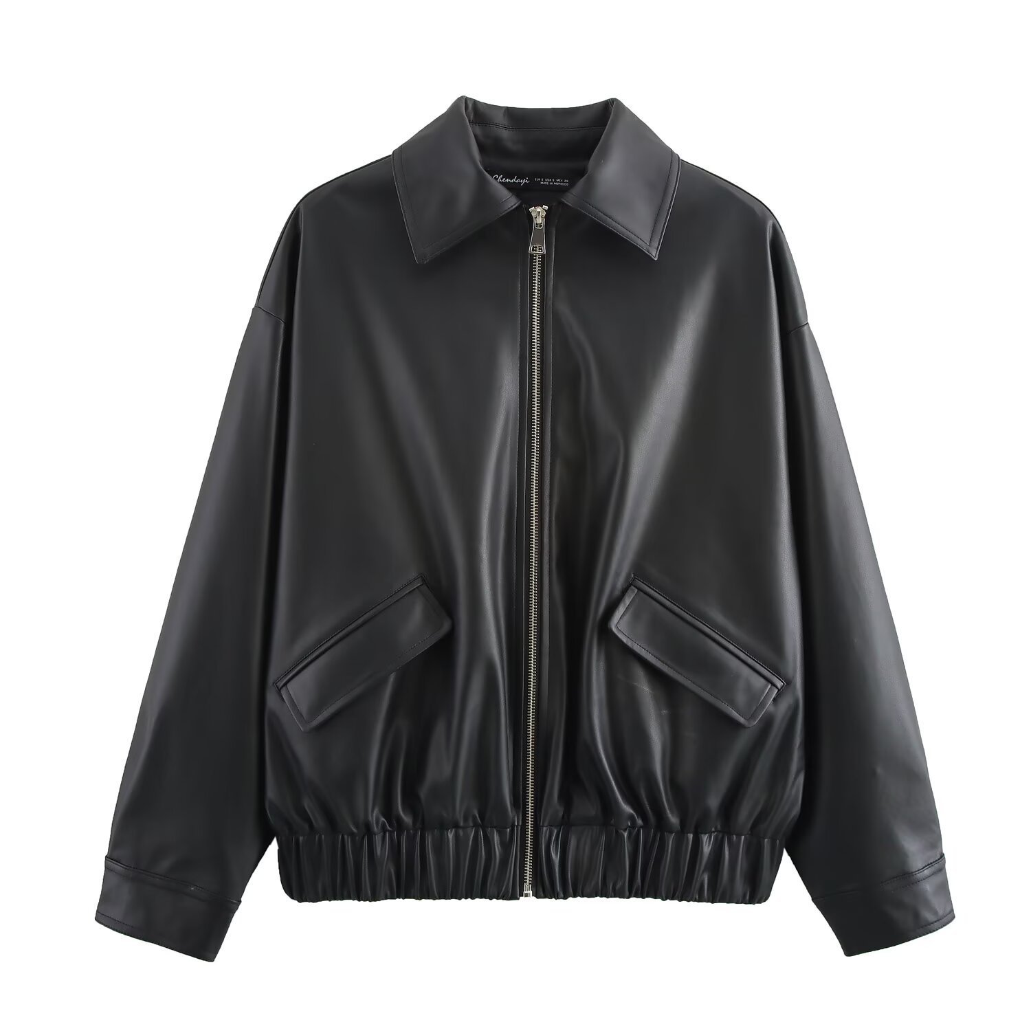 Women's Faux Leather Loose-Fit Jacket with Lapel Collar